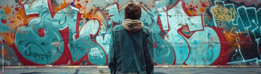 Obraz premium Person admiring vibrant street art on a colorful graffiti wall, showcasing urban creativity and self-expression.