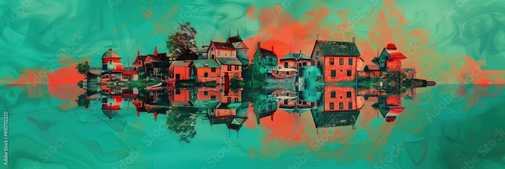 Naklejka premium Red and green abstract background with surreal, floating holiday villages