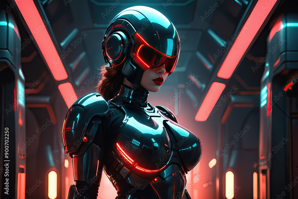Cyberpunk futuristic cyborg woman in neon suit, Generative AI