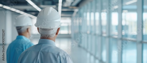 Two construction workers observe a modern building interior while wearing safety helmets, emphasizing teamwork and safety in development.