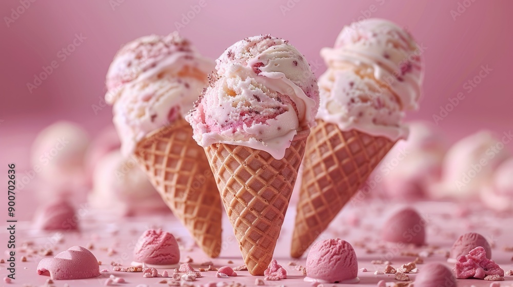 Delicious Trio of Strawberry Ice Cream Cones on Pink Background Delicious Trio of Strawberry Ice Cream Cones on Pink Background