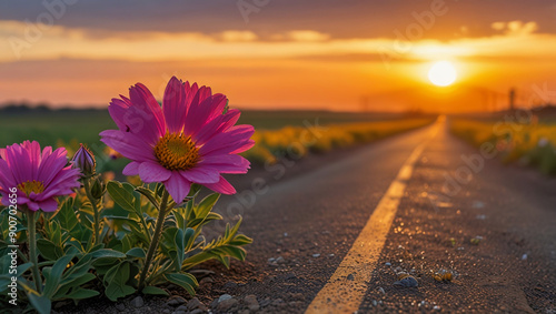 flowers on the side of the road with the sunrise in the background