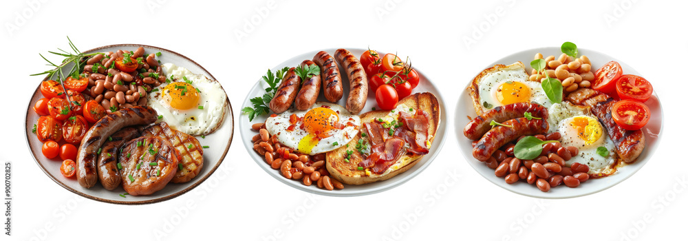 Assorted breakfast plates with various food items isolated on transparent background Assorted breakfast plates with various food items isolated on transparent background
