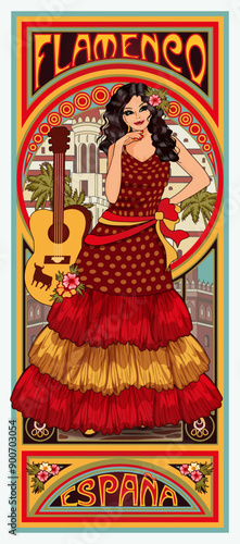 Spanish flamenco young girl with guitar in art nouveau style, vector illustration