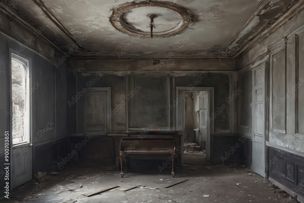 An empty room of an abandoned house with walls weathered away by time, Generative AI An empty room of an abandoned house with walls weathered away by time, Generative AI