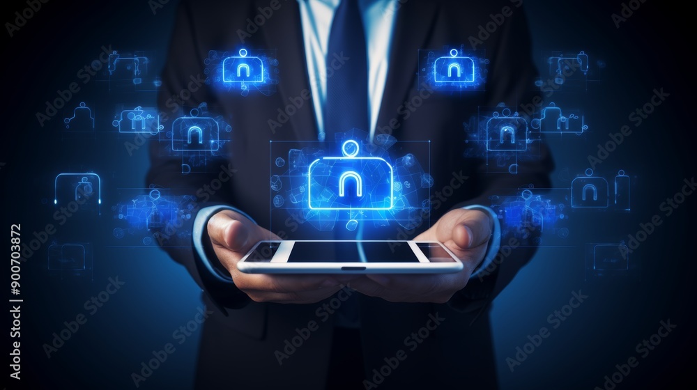 Fototapeta premium Digital tablet for data encryption businessman with innovative technology background