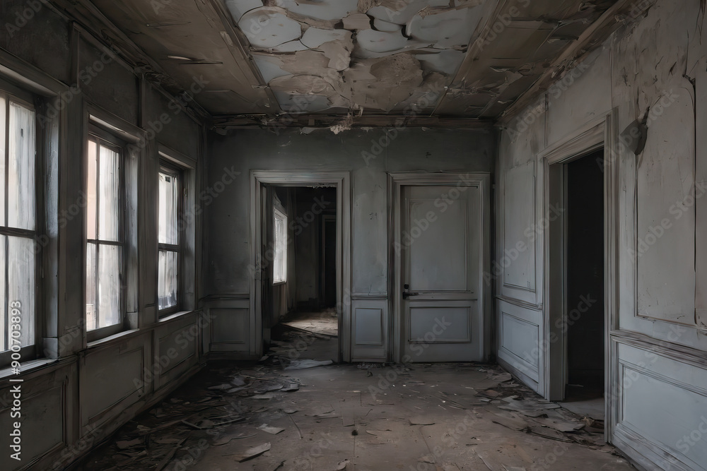 An empty room of an abandoned house with walls weathered away by time, Generative AI An empty room of an abandoned house with walls weathered away by time, Generative AI