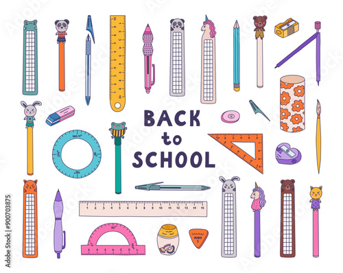 Big colourful doodle set of cute back to school stationery with hand drawn outline. Collection of ruler, protractor, eraser, sharpener, pen, pencil, bookmark. School supply for study, draw, work