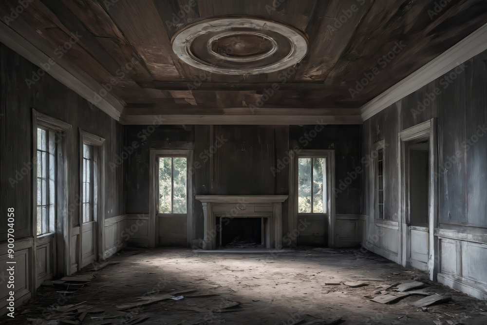 An empty room of an abandoned house with walls weathered away by time, Generative AI An empty room of an abandoned house with walls weathered away by time, Generative AI