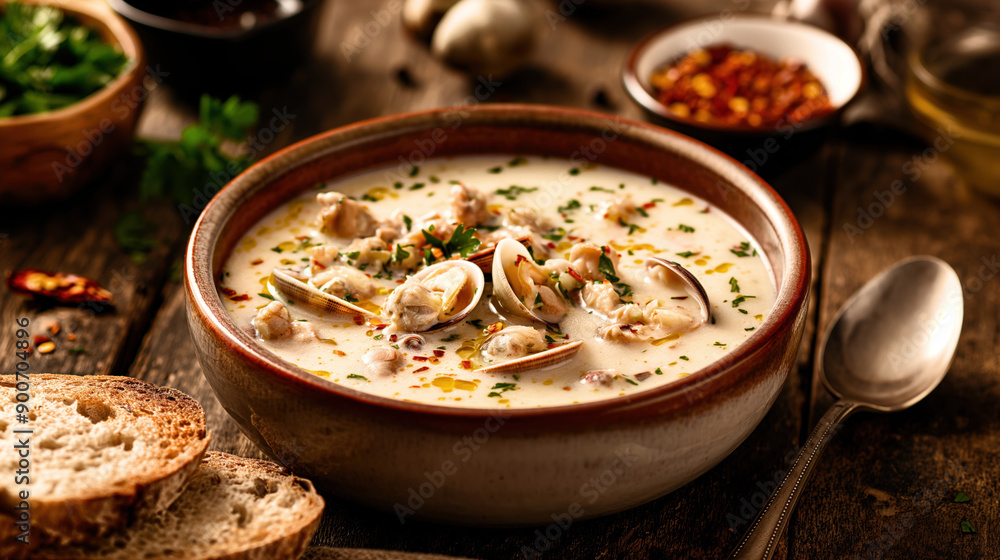 A close-up view of a bowl of creamy clam chowder garnished with parsley and red pepper flakes, served with slices of bread, spoon on the side. A close-up view of a bowl of creamy clam chowder garnished with parsley and red pepper flakes, served with slices of bread, spoon on the side.