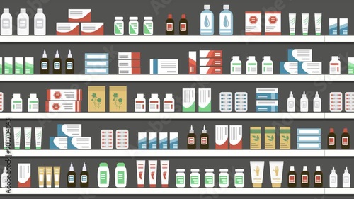 Wallpaper Mural Pharmacy Animation. Moving Shelves with Medicines. Seamless Looping Background Torontodigital.ca