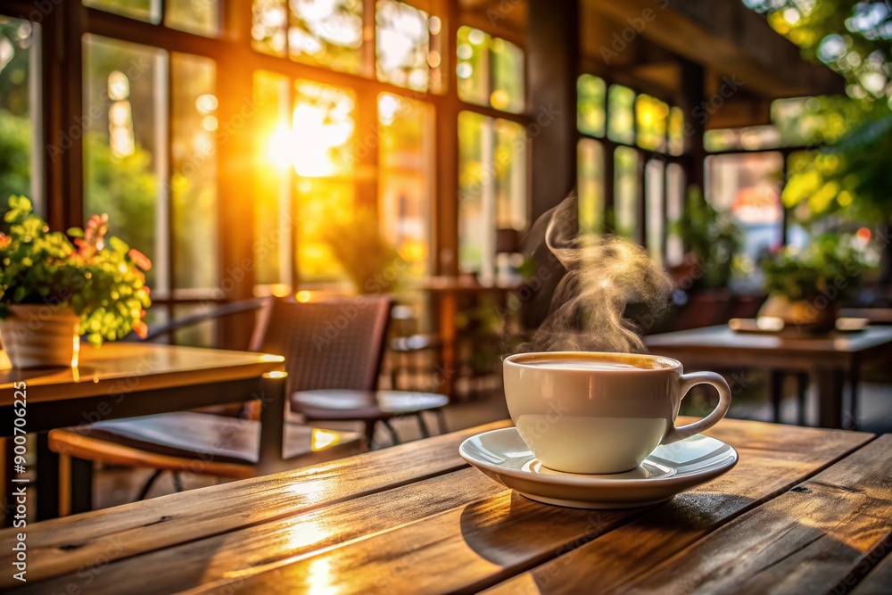 Warm inviting atmosphere in a quiet café setting, a solitary steaming cup of coffee sits on a rustic wooden table, surrounded by soft morning light. Warm inviting atmosphere in a quiet café setting, a solitary steaming cup of coffee sits on a rustic wooden table, surrounded by soft morning light.