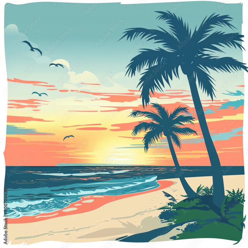 Obraz premium Tropical Sunset with Palm Trees and Ocean Waves