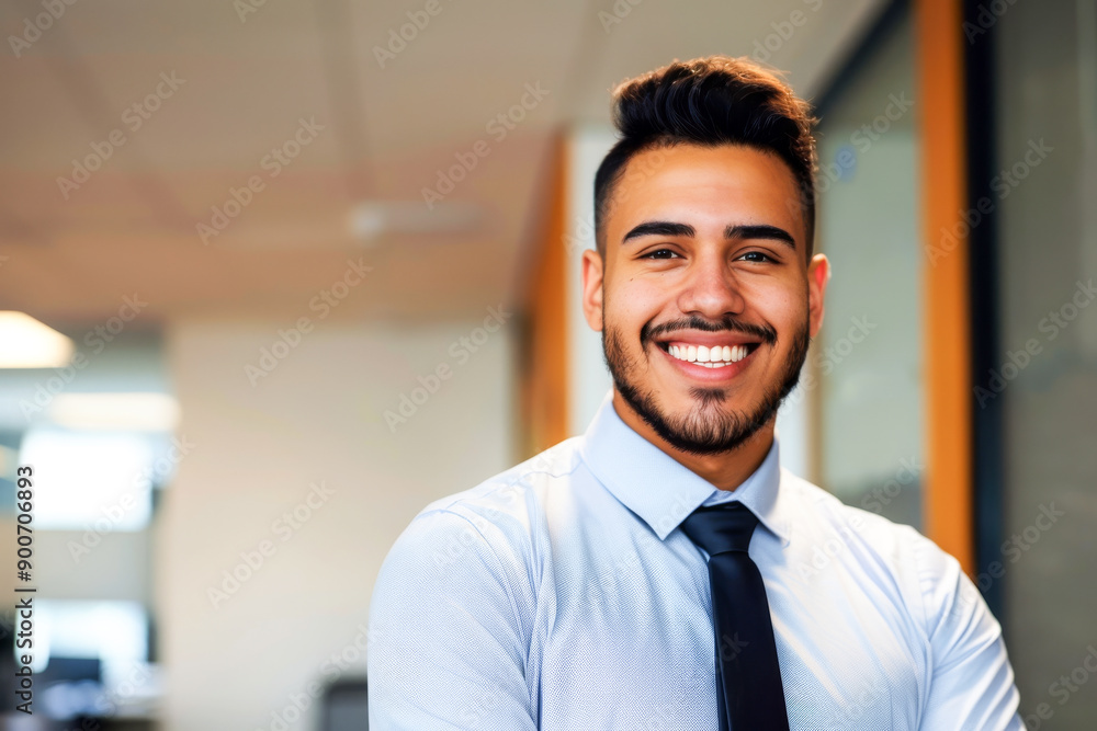 Portrait of a smiling young hispanic businessman in office. Corporate environments, leadership, latino and modern workplace culture Portrait of a smiling young hispanic businessman in office. Corporate environments, leadership, latino and modern workplace culture