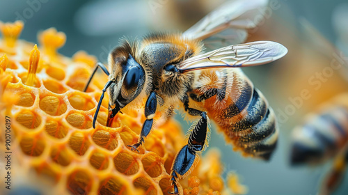 Close-up of a bee making honey in a hive. Macro honeybee. photo