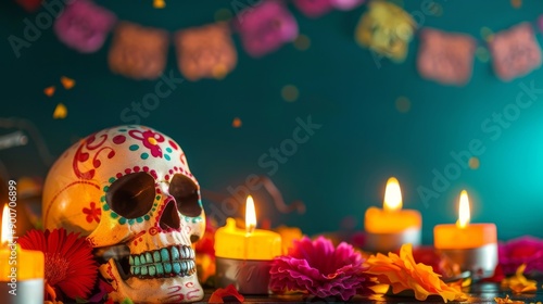 Colorful Dia de los muertos altar with skull surrounded by candles and papel picado. Day of the dead mexican celebration.