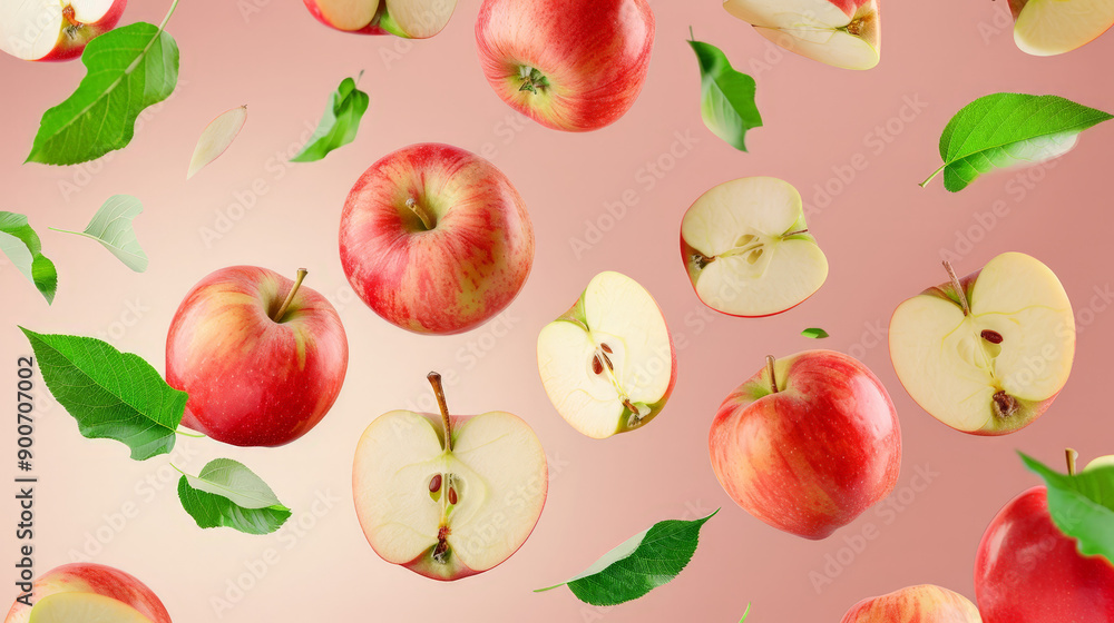 apples with half slices floating in the air apples with half slices floating in the air