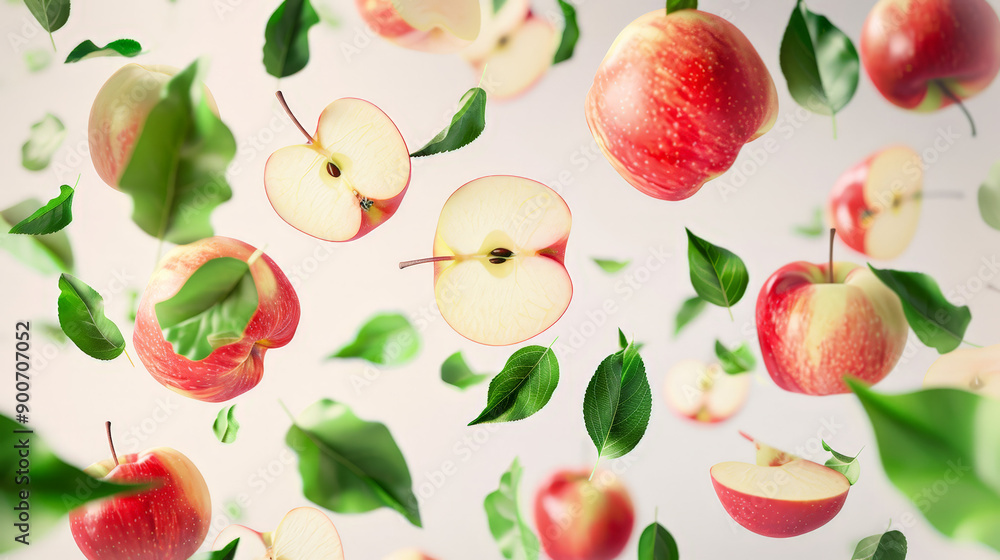 apples with half slices floating in the air apples with half slices floating in the air