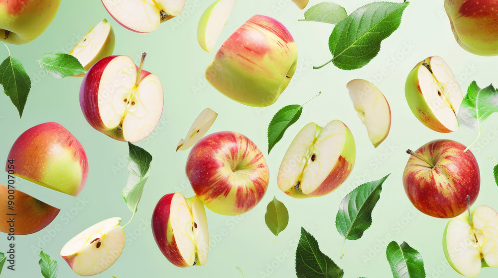 apples with half slices floating in the air apples with half slices floating in the air