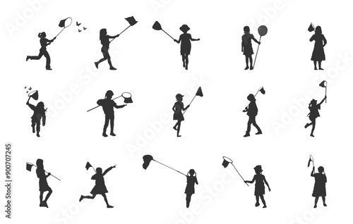 Little girl catching butterflies svg, Little girl catching butterflies silhouette, Girl catching butterfly drawing, Child with butterfly net svg, Kids catching butterflies silhouette