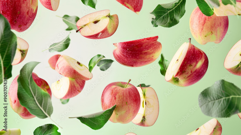 apples with half slices floating in the air apples with half slices floating in the air