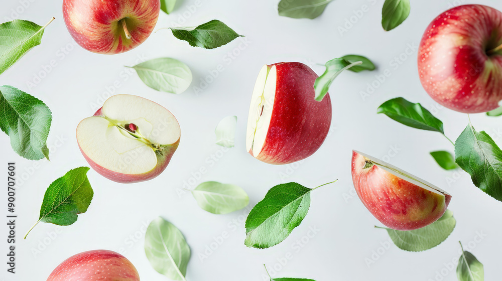 apples with half slices floating in the air apples with half slices floating in the air