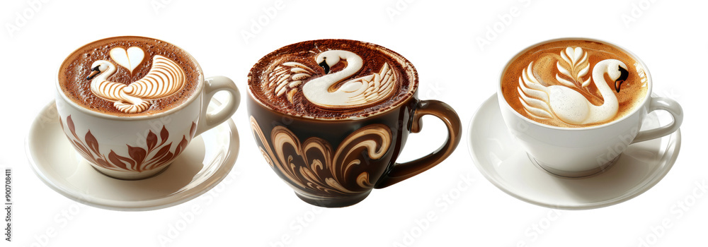 Latte art coffee cups isolated on transparent background Latte art coffee cups isolated on transparent background