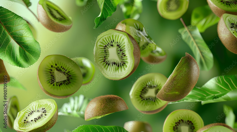 Fototapeta premium kiwi with half slices falling or floating in the air