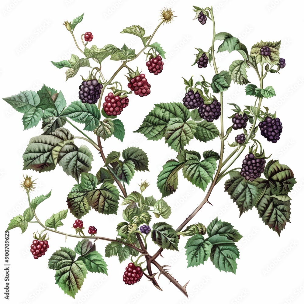 Illustration of Blackberry Plants with Ripe Berries