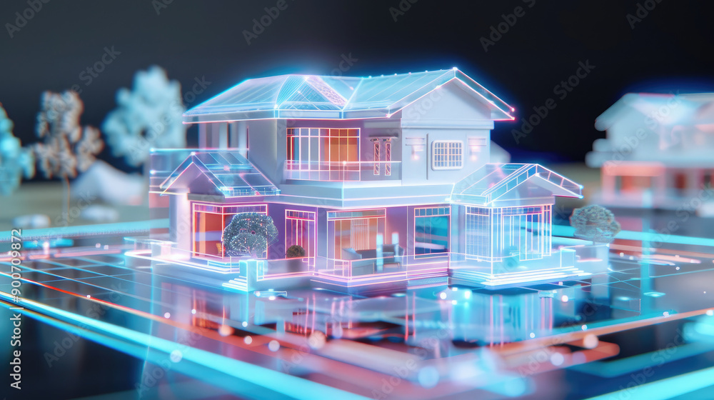 Explore a 3D rendering of a cutting-edge augmented reality interface, enhancing real estate shopping with holographic elements for an immersive experience. Explore a 3D rendering of a cutting-edge augmented reality interface, enhancing real estate shopping with holographic elements for an immersive experience.