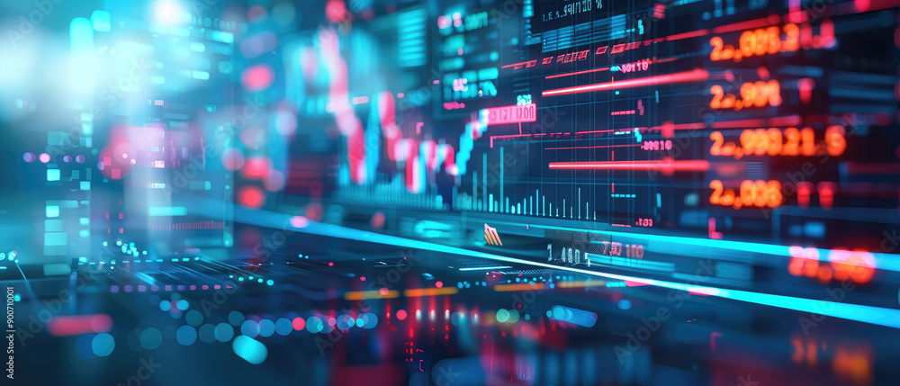Explore a sleek and modern digital background showcasing a holographic representation of mutual fund performance in three dimensions.