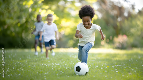 Children Enjoying a Fun Day Playing Soccer Together in a Lively Park During Sunny Afternoon