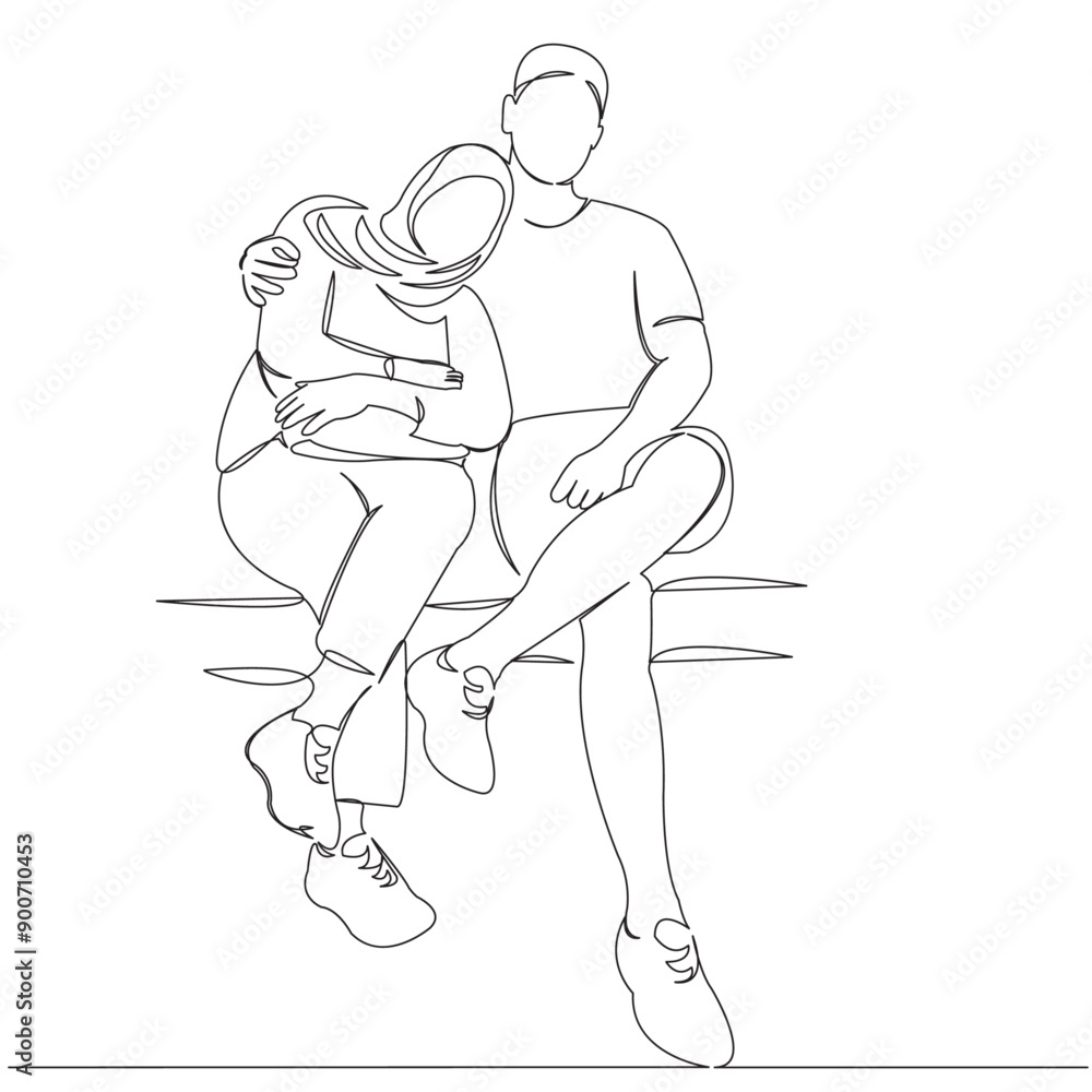one continuous single drawn line art doodle couple, love, happy, muslim, people. isolated image hand-drawn outline on white background. one continuous single drawn line art doodle couple, love, happy, muslim, people. isolated image hand-drawn outline on white background.