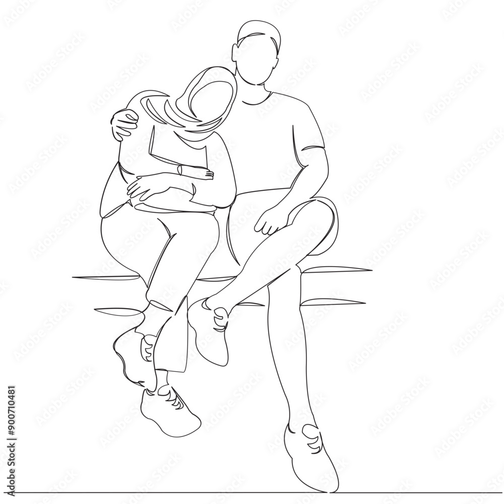 one continuous single drawn line art doodle couple, love, happy, muslim, people. isolated image hand-drawn outline on white background. one continuous single drawn line art doodle couple, love, happy, muslim, people. isolated image hand-drawn outline on white background.