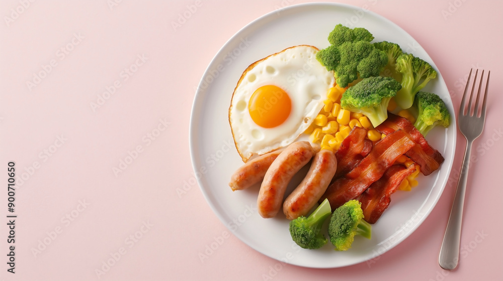a flat lay photo stock image featuring a kids meal consisting of a fried egg, sausage, bacon, and broccoli a flat lay photo stock image featuring a kids meal consisting of a fried egg, sausage, bacon, and broccoli