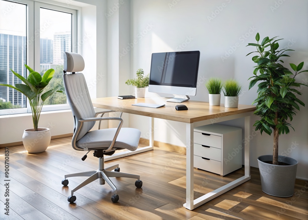 Modern minimalist office setup featuring a sleek white desk, ergonomic chair, and large monitor, surrounded by empty space, conveying focus and productivity. Modern minimalist office setup featuring a sleek white desk, ergonomic chair, and large monitor, surrounded by empty space, conveying focus and productivity.