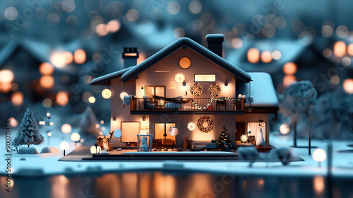 Cozy house decorated with Christmas lights and ornaments, surrounded by snow. Warm lighting emanates from the windows, creating a festive atmosphere at dusk.