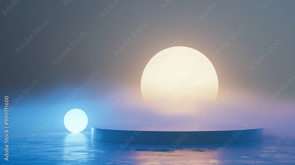 Abstract blue and white orbs on circular foggy platform Abstract blue and white orbs on circular foggy platform