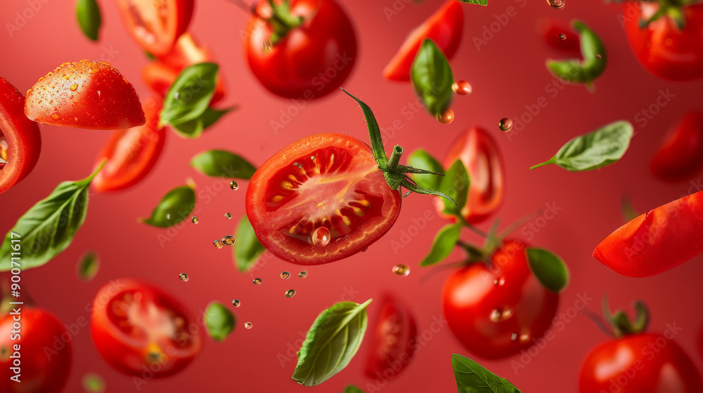 tomato with half slices falling or floating tomato with half slices falling or floating