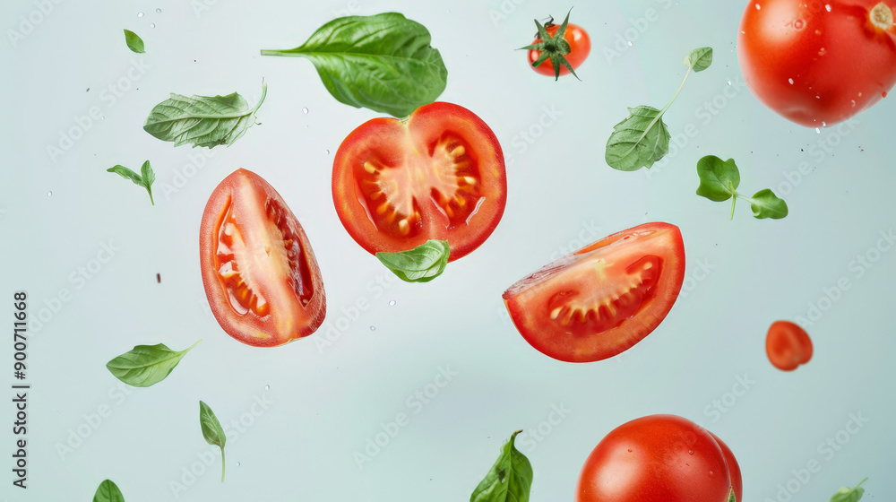 tomato with half slices falling or floating tomato with half slices falling or floating