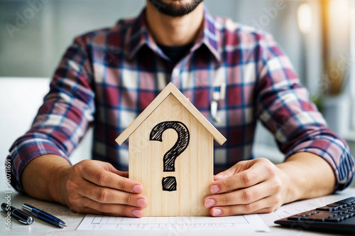 A man is sitting at a table and holding a wooden house shape home with a question mark on it. photo