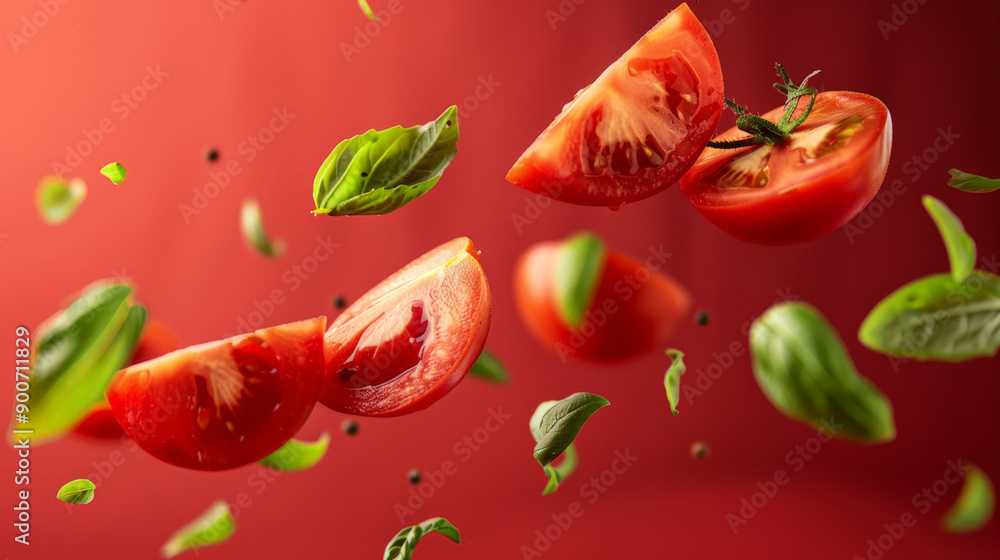 tomato with half slices falling or floating tomato with half slices falling or floating