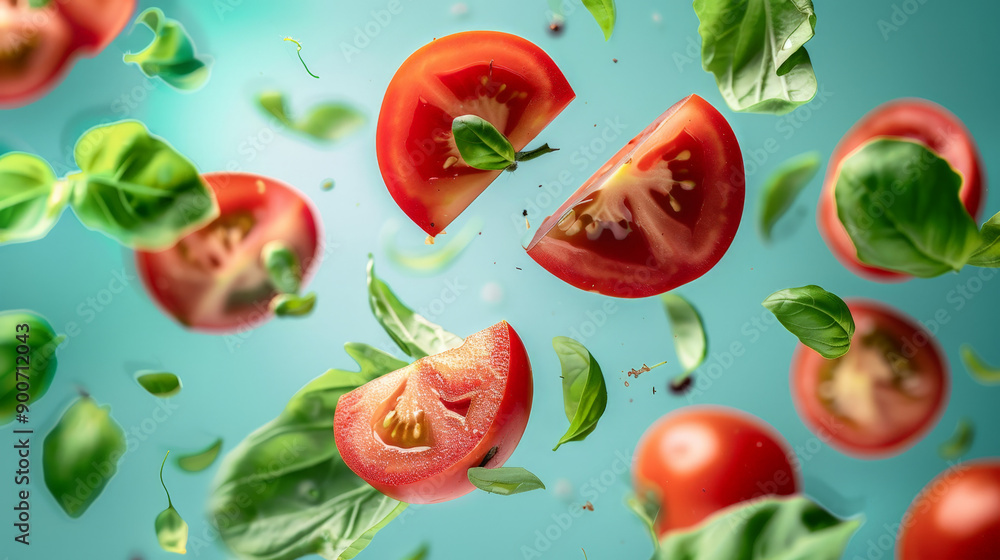 tomato with half slices falling or floating tomato with half slices falling or floating