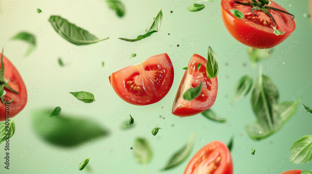 tomato with half slices falling or floating tomato with half slices falling or floating