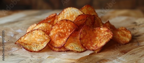 Crispy Potato Chips on Rustic Wooden Board © adiba
