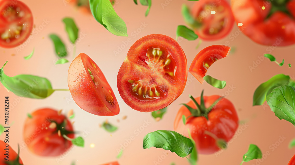 tomato with half slices falling or floating tomato with half slices falling or floating