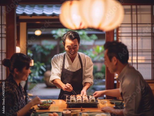 Chef preparing sushi at a restaurant table for delighted customers enjoying the experience