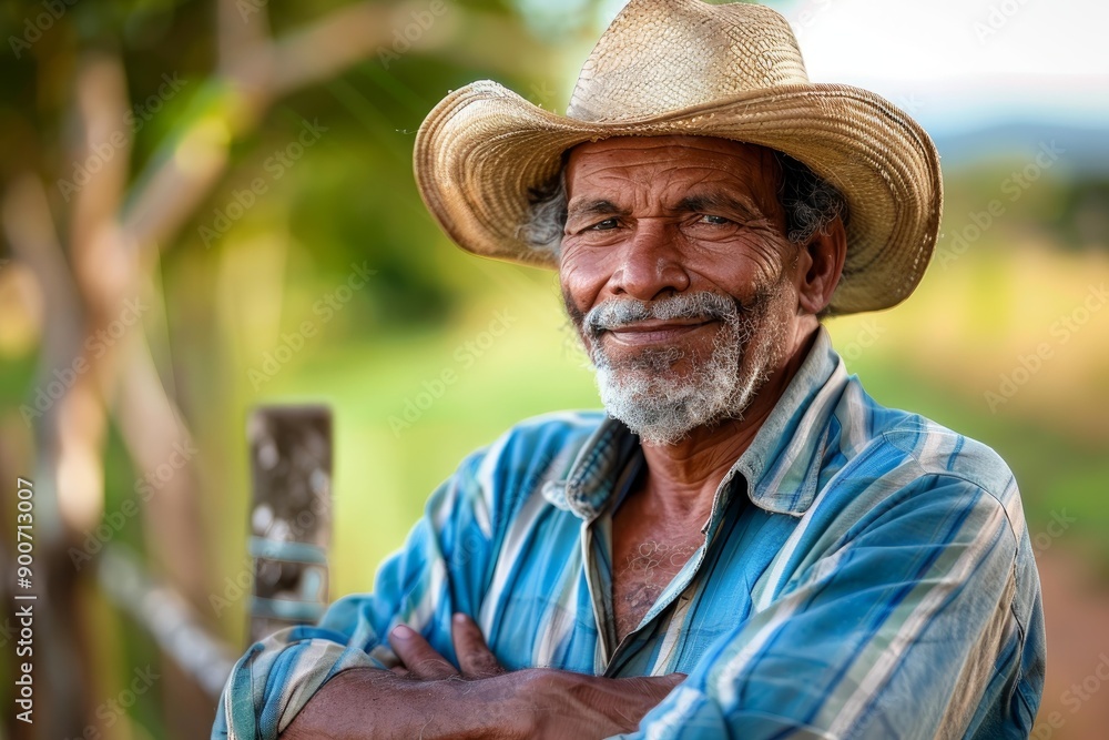 Fototapeta premium Warm portrait of an elderly farmer smiling at the camera, wearing a straw hat