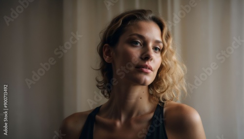 A young woman with shoulder-length blonde hair. She is wearing a black tank top and is standing in front of a window with sheer curtains. The woman is looking off to the side with a serious expression