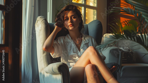 A woman of youthful beauty sits in a luxurious gray armchair in the spacious living space of her home.
